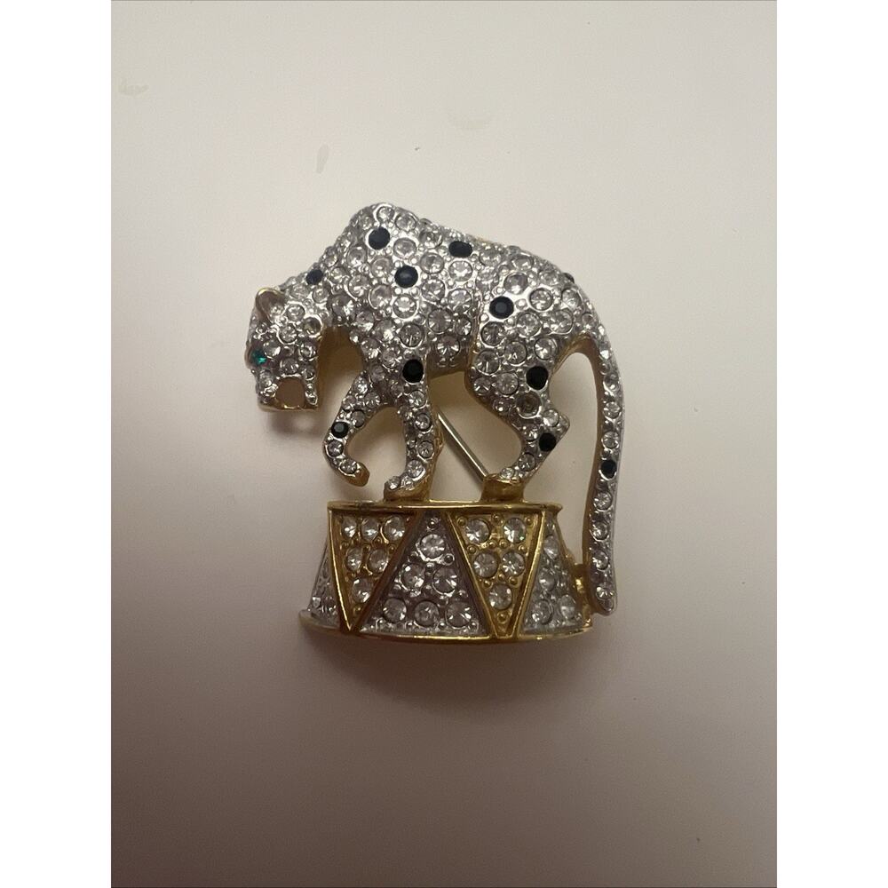 Vtg J.L. Aldenkamp Leopard Brooch Black Clear Diamanté Pavé Crystal Green Eye A1